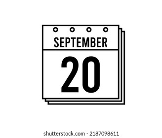 September 20 calendar. September month calendar black and white icon. Simple 3D vector.