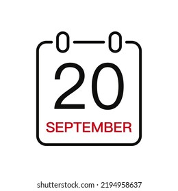 September 20 date on the calendar, vector line stroke icon for user interface. Calendar with date, vector illustration.
