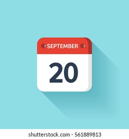 September 20. Isometric Calendar Icon With Shadow.Vector Illustration,Flat Style.Month and Date.Sunday,Monday,Tuesday,Wednesday,Thursday,Friday,Saturday.Week,Weekend,Red Letter Day. Holidays 2017.