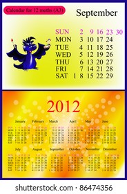 September. 2012 Calendar.Dark blue dragon-New Year's a symbol of 2012. A3