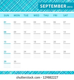 September 2013 planning calendar with space for notes. Checked blue texture in background.
