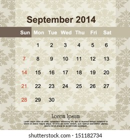 September 2014 calendar design, vector illustration