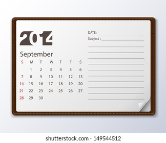 September 2014 Calendar, Vector illustration.