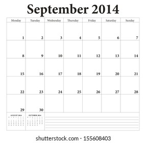 September 2014 -planning calendar. Weeks start on Monday.