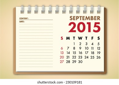 September 2015 Calendar Notebook Paper Vector 