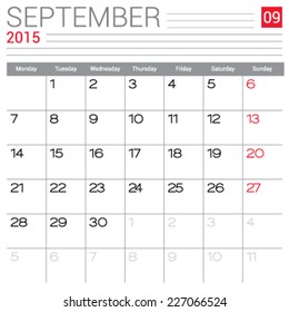 September 2015 calendar vector design template. Simple blank calendar illustration.