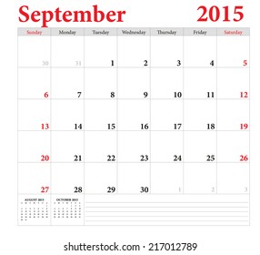 September 2015 -planning calendar. Weeks start on Sunday.