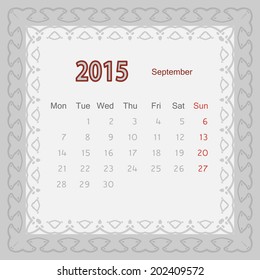 September 2015 year, month calendar, vector illustration.
