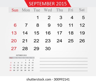 September 2015.Planning calendar for september 2015.Vector template.