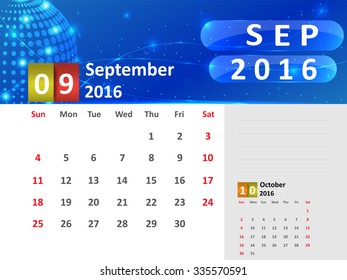 September 2016 Calendar, Abstract  Dotted Blue Globe 2016 Calendar, 2016 Calendar Vector Design. Vector Illustration.