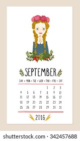 September. 2016 calendar with cute girl in wreath of seasonal flowers. Frame of sprigs of rosehip. Can be used like greeting cards.