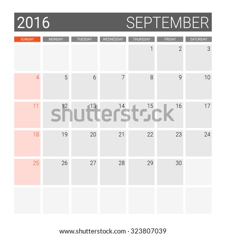 September 2016 calendar (or desk planner), weeks start from Sunday