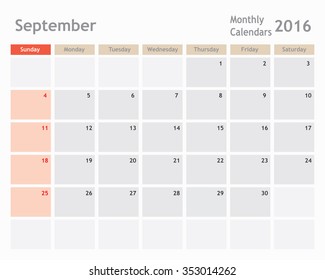 September 2016 calendar planner, monthly calender, vector illustrator