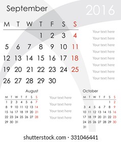 September 2016 Calendar - week starts with Monday, vector illustration.