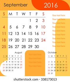 September 2016 Calendar - week starts with Sunday, vector illustration.