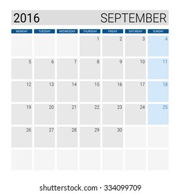 September 2016 calendar, weeks start from Monday