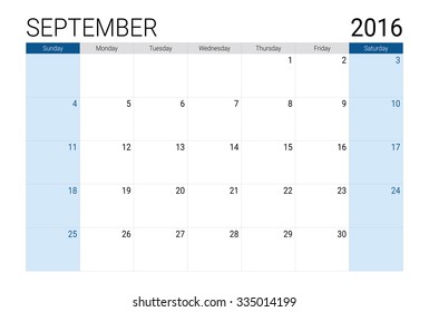 September 2016 calendar, weeks start from Sunday