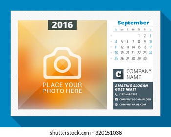 September 2016. Desk Calendar for 2016 Year. Vector Design Print Template with Place for Photo, Logo and Contact Information. Week Starts Sunday. Calendar Grid with Week Numbers