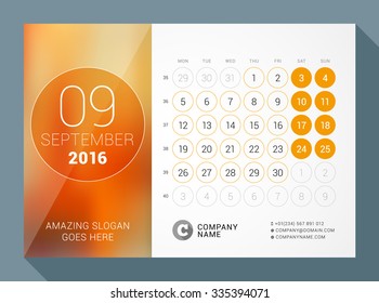 September 2016. Desk Calendar for 2016 Year. Vector Design Print Template with Place for Photo and Circles. Week Starts Monday. Calendar Grid with Week Numbers