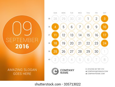 September 2016. Desk Calendar for 2016 Year. Vector Design Print Template with Place for Photo and Circles. Week Starts Sunday. Calendar Grid with Week Numbers