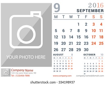 September 2016. Desk and Wall Monthly Calendar for 2016 Year. Vector Design Print Template with Place for Photo logo and description company. Week Starts Monday. Portrait Orientation