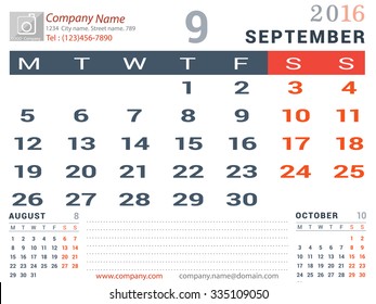 September 2016. Desk and Wall Monthly Calendar for 2016 Year. Vector Design Print Template with Place for Photo logo and description company. Week Starts Monday. Portrait Orientation