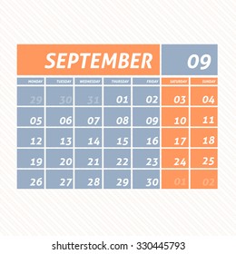 September 2016 Flat Calendar Design - Week Starts Monday