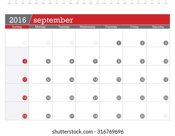 September 2016 planning calendar