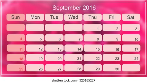 September 2016. Planning calendar for september 2016. Vector illustration.