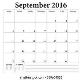 September 2016 -planning calendar. Weeks start on Sunday.