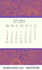 September 2016 vector calendar over lacy doodle hand drawn orange and purple background, week starting from Sunday.