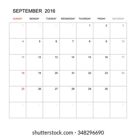 September 2016 - Vector calendar template design for planning. Week start from Sunday.