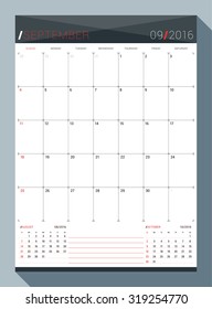 September 2016. Vector Design Print Template. Monthly Calendar Planner for 2016 Year. 3 Months on Page. Week Starts Sunday