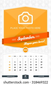 September 2016. Wall Monthly Calendar for 2016 Year. Vector Design Print Template with Place for Photo and Pattern Background. Week Starts Sunday