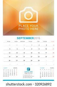 September 2016. Wall Monthly Calendar for 2016 Year. Vector Design Print Template with Place for Photo. Week Starts Monday. 3 Months on Page