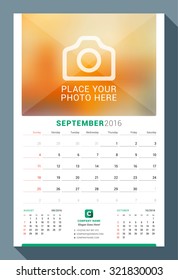 September 2016. Wall Monthly Calendar for 2016 Year. Vector Design Print Template with Place for Photo. Week Starts Sunday. 3 Months on Page