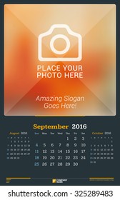 September 2016. Wall Monthly Calendar for 2016 Year. Vector Design Print Template with Place for Photo. Dark Background. Week Starts Sunday. 3 Months on Page