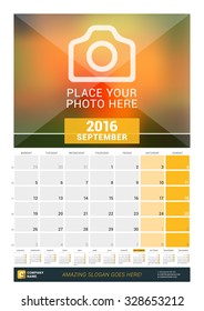 September 2016. Wall Monthly Calendar for 2016 Year. Vector Design Print Template with Place for Photo and Year Calendar. Week Starts Monday