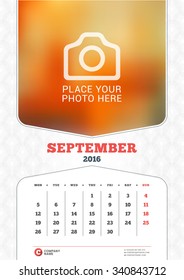 September 2016. Wall Monthly Calendar for 2016 Year. Vector Design Print Template with Place for Photo and Pattern Background. Week Starts Monday