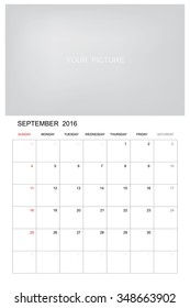 September 2016 - Wall monthly calendar for 2016 year. Vector template design with area for your picture or graphic design. Week starts from Sunday.