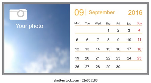 September 2016.Calendar for September 2016.Vector template.