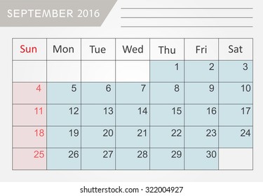 September 2016.Planning calendar for september 2016.Vector template.
