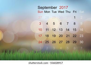 September 2017 - Abstract calendar with light blur bokeh background. Vector illustration.