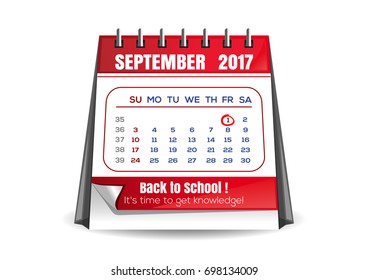 September 2017. Back to school. Its time to get knowledge. Quarterly calendar page. First September. Vector illustration