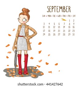 September. 2017 calendar with cute girl with umbrella. Can be used like greeting cards.