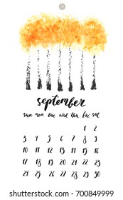 September 2017 calendar with ink calligraphy elements and autumn trees with yellow watercolor stain. Week starts Sunday.