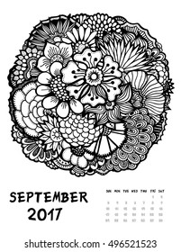 September, 2017 calendar. Line Art Black and white Illustration. Flower set. Print anti-stress coloring page.