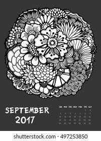 September, 2017 calendar. Line Art Black and white Illustration. Flower set. Print anti-stress coloring page.