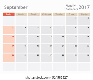 September 2017 calendar planner, monthly calendar, vector illustrator