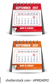 September 2017 calendar set. Back to school. Its time to knowledge. Red and orange quarterly calendar page. First September. Vector illustration